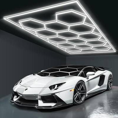 Hexagon Garage Lights Honeycomb LED Hex Light, 672W, 80640LM, 6500K Super Bright, 14 Grid Systems Car Detailing Lights with Rectangular Frame for Garage Warehouse Workshop Basement Gym