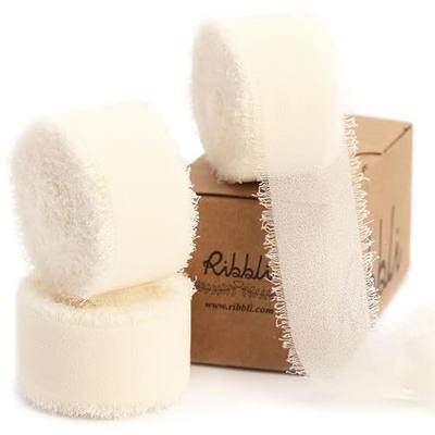 Ribbli Ivory Ribbon 1 Inch x 3 Rolls Total 24 Yards Ivory Handmade Fringe Chiffon Silk Ribbon for Wrapping Wedding Invitations Bridal Bouquets DIY Crafts Home Decor