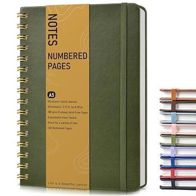 Lined Spiral Journal Notebook, A5 Hardcover Spiral Journals for Women Men, 150 Numbered Pages Spiral Bound Notebook, 100 GSM College Ruled Notebooks for Work, Note Taking 5.75" x 8.38", Olive Green