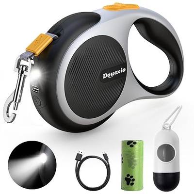 Retractable Dog Leash with LED Flashlight, Douexio Upgrade 3 in 1 Dog Leash Retractable for Small Medium Dogs Up to 66 lbs, 16ft, Anti-Slip Handle (Black-White)
