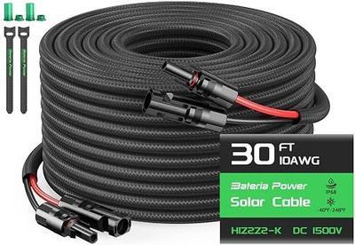 Bateria Power 10AWG 30FT Solar Panel Extension Cable, Flame Retardant Protective Sleeving Twin Wire 10 Gauge Solar Cable with IP68 Female & Male Waterproof Connectors, Dust Caps for Home, RV