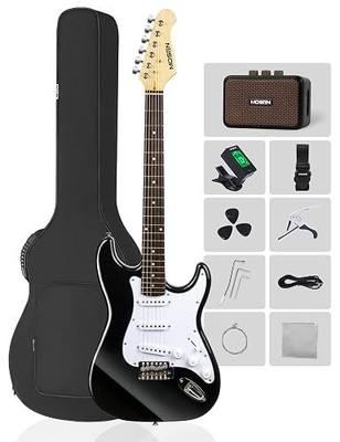 MOSEN MS-CS50 Full Size Beginner Electric Guitar, 39 Inch Solid Body & Maple Neck Guitars Set with Amplifier, SSS Pickups, Gig Bag, Pick, Tunner, Capo, Cable, Tremolo Bars - Black