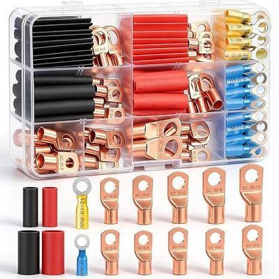 Twidec/130PCS Copper Wire Lugs AWG 2 4 6 8 10 12 14 16 Gauge Battery Cable Ends,Ring Terminals Connectors,Copper Ring Terminals,Battery Terminals Connectors Kits with Heat Shrink N-067-130PCS