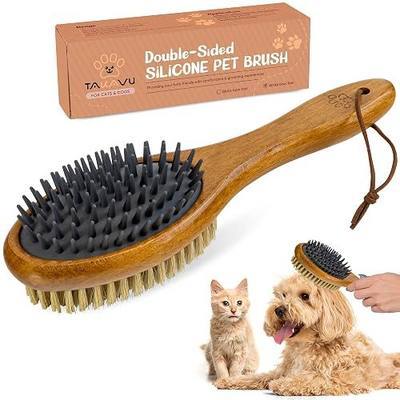 TAKAVU Short Hair Dog & Cat Deshedding Brush, Double-Sided Silicone Bristle | Grooming Brush for Pets, Gentle on Sensitive Skin, Wooden Handle, Reduces Shedding