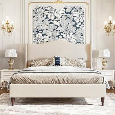 koorlian King Size Bed Frame Upholstered Platform Bed with 51" Tall Headboard Wingback, Soft Fabric, Retro Simple Style Platform Bed No Box Spring Needed, Easy Assembly, Beige