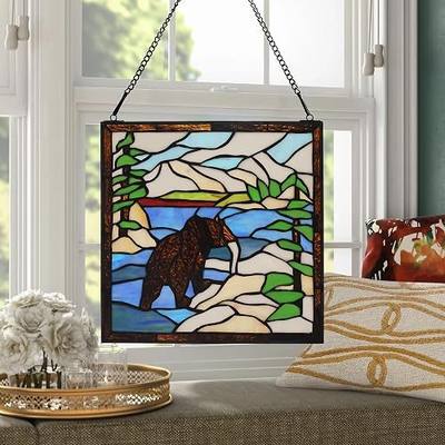 Square Stained Glass Window Hanging Handmade Tiffany Style 12” Window Panel Perfect for Living Room Bedroom Kitchen Decoration Housewarming Gift (Black Bear)