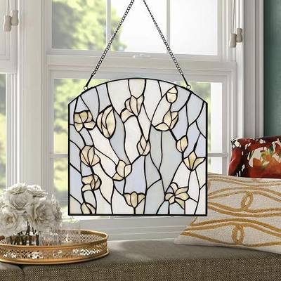 Square Stained Glass Window Hanging Handmade Tiffany Style 12” Window Panel Perfect for Living Room Bedroom Kitchen Decoration Housewarming Gift (Flower)