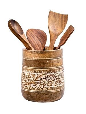 Mie Creations Farmhouse 7'' Large Wooden Utensil Holder, White Floral | Natural Mango Wood, Handcrafted Design, Cooking Spatula Organizer for Kitchen Counter, Holds 15 Utensils, Christmas Decor