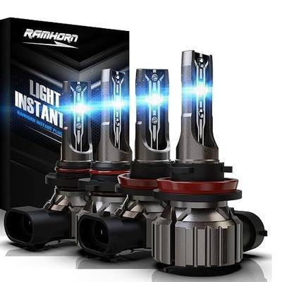 RAMHORN 9005 H11 Light Bulbs Combo, Fanless 300% Brighter HB3 H8 H9, 4 PCS | 1:1 Mini Size, Plug and Play, 6500K White Light