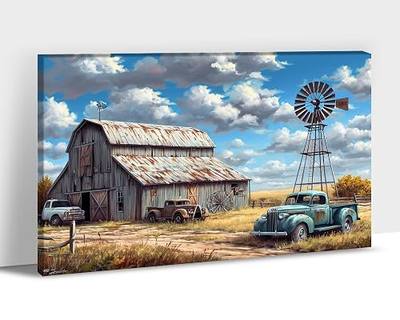 Farmhouse Prints Wall Art, Vintage Barn and Old Truck Picture Canvas Wall Art, Retro Windmill Canvas Prints, Country Rustic Landscape Picture for Farmhouse Living Room, Bedroom Wall Decor 32x48 Inches