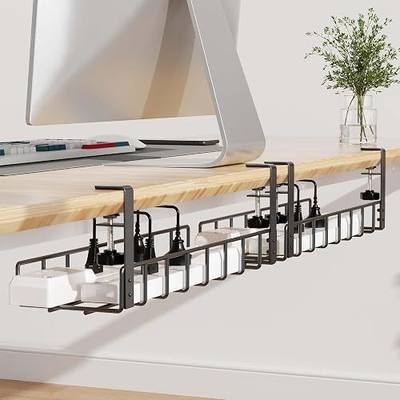2 Pack Cable Management Under Desk Tray, 31.4" No Drill Under Desk Wire Management with Upgraded Clamp, Metal Cord Organizers for Desk with Cable Organizers, PC Cable Management Rack, Black
