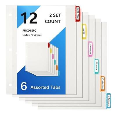 Binder Dividers with Tabs, White Sheet Protectors for 3 Ring Binder, 3 Hole Punch Dividers in 6 Color Tab Page Protectors, 3 Ring Binder Dividers with Tabs, 2 Set 12 Pcs, White | 3 Hole Punch Dividers, 6 Color Tab, Page Protectors, 3 Ring Binder Dividers with Tabs, 2 Set 12 Pcs, White