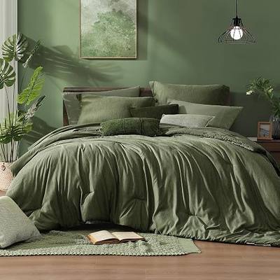 Monbix King Size Comforter Set, Olive Green King Bed Set Reversible, King Size Comforter Set 7 Pieces, Cationic Dyeing Bed in a Bag with Comforter, Sheets, Pillowcases & Shams