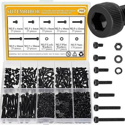 705 Pieces M2.5 Screws Nuts Washers Set Black, Sutemribor M2.5 x 4/6/8/10/12/16/20mm Hex Socket Head Cap Screws Nuts Washers Assortment Kit, 12.9 Grade Alloy Steel, Fully Threaded