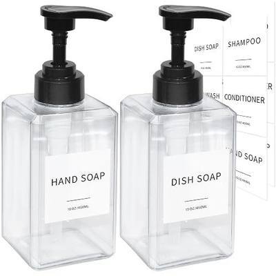 Clear Soap Dispenser with Waterproof Labels, Thickened Plastic Hand Soap Dispenser for Bathroom, Kitchen Dish Washing Liquid Bottles, Shampoo and Conditioner Bottles with Funnel (15oz 2Pack Clear)