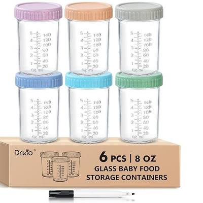 DRKIO 6 pcs Baby Food Storage Containers 8 Oz Small Glass Jars with Lids | Leak-proof Seal, Stable Stacking, Easy to Mark, Clear graduations Make Measuring User-friendly, BPA Free Reusable