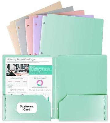 HABGP 3 Hole Pocket Folders, 5 Pcs Pastel Color Heavy Duty Plastic for 3 Ring Binder, with Pockets 3-Hole Punched, Binder Folders for Documents School Supplies Office Business