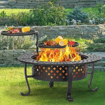 Panovue 42 Inch Fire Pit with 2 BBQ Grills, Wood Burning Fire Pits for Outside with Lid & Fire Poker, BBQ& Outdoor Firepit & Round Metal Table 3 in 1 for Patio, Picnic, Party