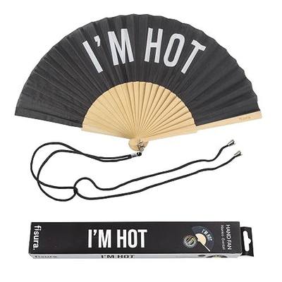 Fisura – Original Black Folding Fan with Message I'm hot, Wooden Handheld Fan for Women, Includes Hanger, Perfect for Wedding, Party, Travel, Gift or Summer Decoration