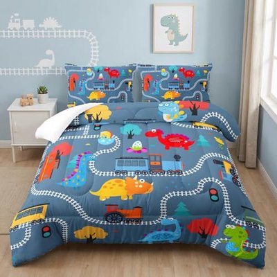 AILONEN 3-Piece Colorful Monster Truck Bedding Set Queen Size,Featuring Cartoon Trucks and Checkered Flag Pattern Comforter Set Perfect for Kids Rooms,1 Quilt with 2 Pillowcases,Soft Comfortable