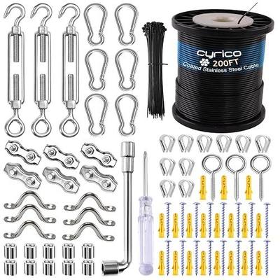 cyrico String Light Hanging Kit, Outdoor Light Guide Wire, Globe String Lights Suspension Kit with 200 Ft Nylon Coated Stainless Steel 304 Wire Rope Cable, Turnbuckle, Enough Accessories, Use Manual