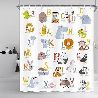 Animal Shower Curtain for Kids, Alphabet Learning Shower Curtain Nursery Giraffe Crocodile Hippo Zebra Monkey Cartoon Bath Curtains, Waterproof Bathroom Sets for Children with Hooks 36X72 Inch