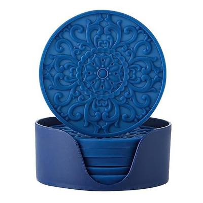 Colinda Silicone Coasters - Set of 6 with Holder, Non-Slip Cup Mats for Hot and Cold Drinks, Decorative Designs, Gift Ready Packaging, Navy Blue