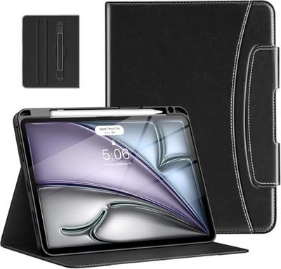MoKo for iPad Air 11 Inch Case (M3 2025 / M2 2024) & iPad Air 5th/4th Gen 2022/2020 10.9 Inch Case with Pencil Holder, Premium Leather Folio Stand Cover, Black