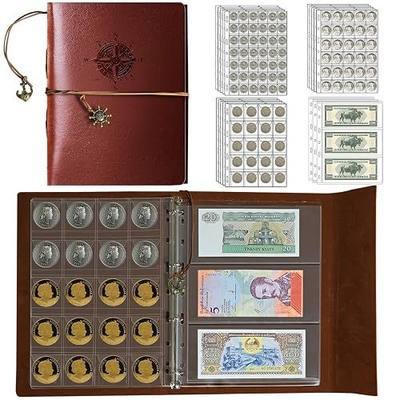 Coin Collection Book Holder for Collectors,428 Pockets Coin Collection Supplies & 12 Sleeves Paper Money Currency Album, Display Storage Case for All Coins (Brown)