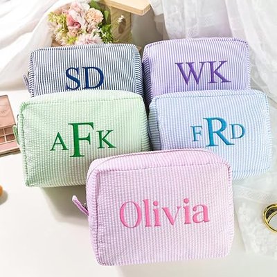 Personalized Cosmetic Bag with Name, Cute Custom Makeup Bags for Women Girls Seersucker Bridesmaid Travel Bag, Organizer Storage Pouch, Cute Pattern, Available to Match Travel Bags