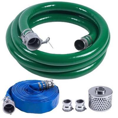 2 Inch Discharge Hose Pump Kit Includes 2" x 65' Blue PVC Lay-Flat Backwash Hose & 2" x 20' Green PVC Suction Hose & Steel Round Hole Suction Strainer & Cam and Groove Adapter, for water/trash pump