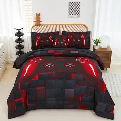 PERFEMET Boys Bedding Set Twin Size 6-Piece Game Console Comforter Set for Kids Teen 3D Black and Red Gamepad Gaming Bed in a Bag Matching Sheet Set(Red, Twin)