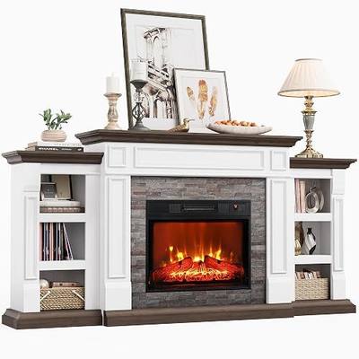 Naice 72" Electric Fireplace with Mantel and Cabinets, Fireplace TV Stand for Living Room Bedroom, Stacked Stone Surround and 23in Realistic 3D Flame Insert Heater, White&Brown