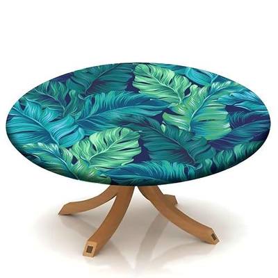 Tropical Palm Leaves Elastic Edge Table Cover Round, Hawaiian Green Leaf Fitted Tablecloth,Outdoor Picnic Patio Party or Indoor Canteen Dinner Dining Tables Decoration, Fits Tables up to 32" Diameter