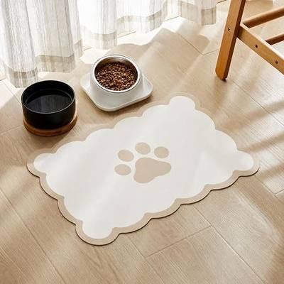 Scalloped Dog Feeding Mat, Beige White, 14" X 19” | Absorbent, Quick Dry, Anti-slip, Aesthetic Trendy, Cute Design