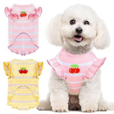 2 Pack Striped Sleeveless Dog Shirt, Cute Cherry Girl Dog Clothes Soft Cotton Pet Puppy Vest Outfits for Small Dogs Chihuahua Yorkie Spring Summer(Pink+Yellow,Small)