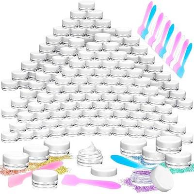 100 Pcs 3g Empty Plastic Containers with White Lids,Tiny Makeup Sample Containers, Small Pot Jars Clear Round Cosmetic Jars with 20 Pcs Mini Spatulas for Liquid Sample Powder Creams