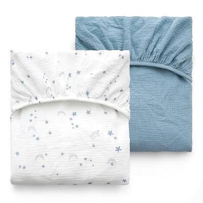 Momcozy Muslin Standard Fitted Crib Sheets, 52"x28", 2 Pack Soft Breathable Natural Cotton Baby Mattress Sheet, 360° Mattress Wrapping No Slip Boys Girls Neutral Toddler Bed Sheet, Blue Star Moon