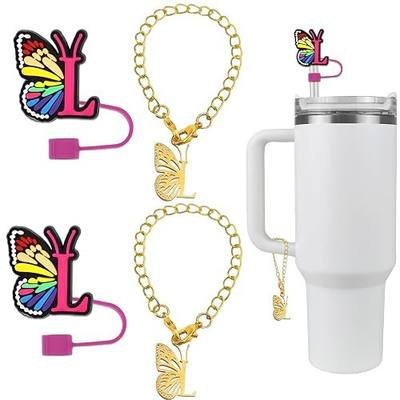 2PCS Butterfly Straw Cover Caps for Stanley Cup 30&40 Oz with 2PCS Stanley Cup Accessories Letter Charms, 10mm Straw Toppers Name ID Initial Letter Handle Charm for Stanley Tumbler (L)