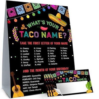What is Your Taco Name Game Cards, Birthday Party Game Supplies,Black Taco Games Cads for Boys Girls, 1 Taco Name Game Double Sided Sign, 30 Taco Name Stickers