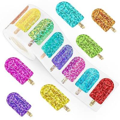 Whaline 500Pcs Ice Pop Stickers Roll Holographic Summer Popsicle Waterproof Decals 9 Colors Sparkly Ice Lolly Self-Adhesive Decorative Stickers for Envelope Journal Decor Party Supplies