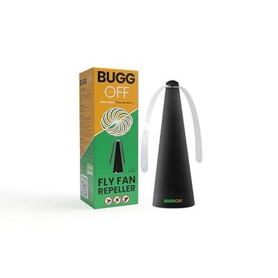 BUGGOFF Black Fly & Flying Insect Repellent Fan with Twin Blades, Table top & Hangable, Battery Powered or 5V Plug in, Batteries NOT Included. Safe Blades with Auto Stop. (1 Pack)