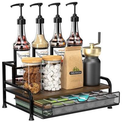 Coffee Syrup Rack Organizer, 3-Tier with 35 K-Cup Pod Holder Drawer | Black Metal Rack for 8 Syrup Bottles,Countertop Bottle Holder Stand for Wine,Space-Saving Design for Kitchen Cafe Station