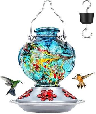 BOLITE Hummingbird Feeders for Outdoors Hanging, Hand Blown Glass, Blue | 22oz, with Ant Moat, 5 Bee-Proof Ports, Leak-Proof, 360° Perch, Easy Refill & Clean, Garden Decor Gifts for Women Men Mom Dad