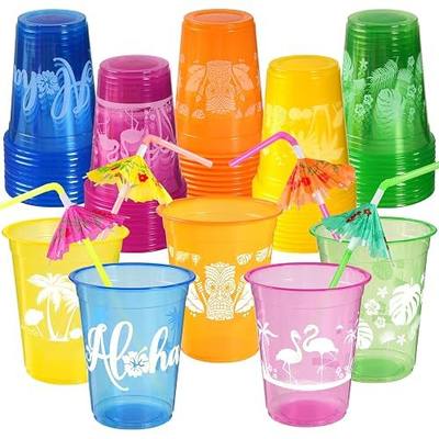 Hawaiian Luau Party Decorations Cups with Parasol Straws | 50pcs, 16oz, Disposable, for summer, tropical, Moana, birthday party decor/supplies