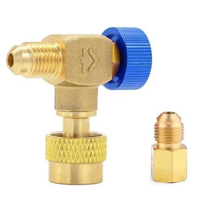 WISSCOOL Refrigerant Charging Valve 1/4" to 5/16" R410A 90° Adapter(Blue) | Compact brass HVAC control valve with adjustable core depressor and 5/16" adapter for R410A, R32, R22 R12 service