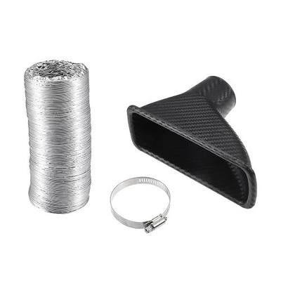 Air Intake Duct, Front Bumper Car Square Brake Air Duct with Extendable Flexible Hose and Hose Band Plastic Aluminum Black, 1 Set