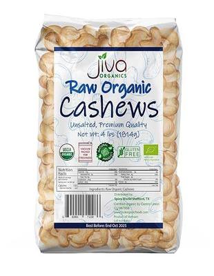 Organic Raw Cashews 4 LB LARGE Bag, Gluten-Free, Non-GMO, Vegan, Whole Raw Nuts, Unsalted, Unroasted, Crunchy & Healthy Snack, For Baking & Cooking by Jiva Organics