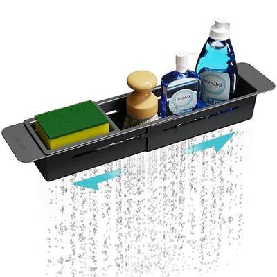 NiHome Extendable Kitchen Sink Caddy, Small Brush Sponge Storage Holder | Expandable Kitchen In Sink Organizer for Brush & Sponge with Drainage, Adjustable Length, Non-Slip Pads, Durable ABS (Black)