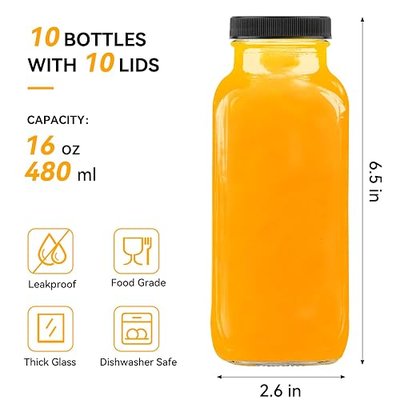 Kucoele 16oz Glass Juice Bottles with Lids, 10 Pack | With Glass Straws, 2 Types of Lids, Leakproof, Reusable, Drinking Jars, For Juicing, Smoothies, Iced Coffee